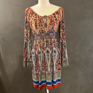 Boston Proper Sz 4 Paisley Boho Smocked Waist Bell Sleeve Mini Dress Multicolor
